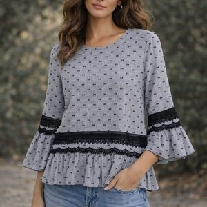 Kobi Halperin Swiss Dot Black Pin Stripe Lace Trim Feminine Peplum Top medium